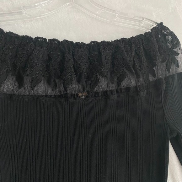 Free People Knit Blouse Sz S Black Stretchy Lace Accent Whimsygoth Dark Fairy - Picture 3 of 9